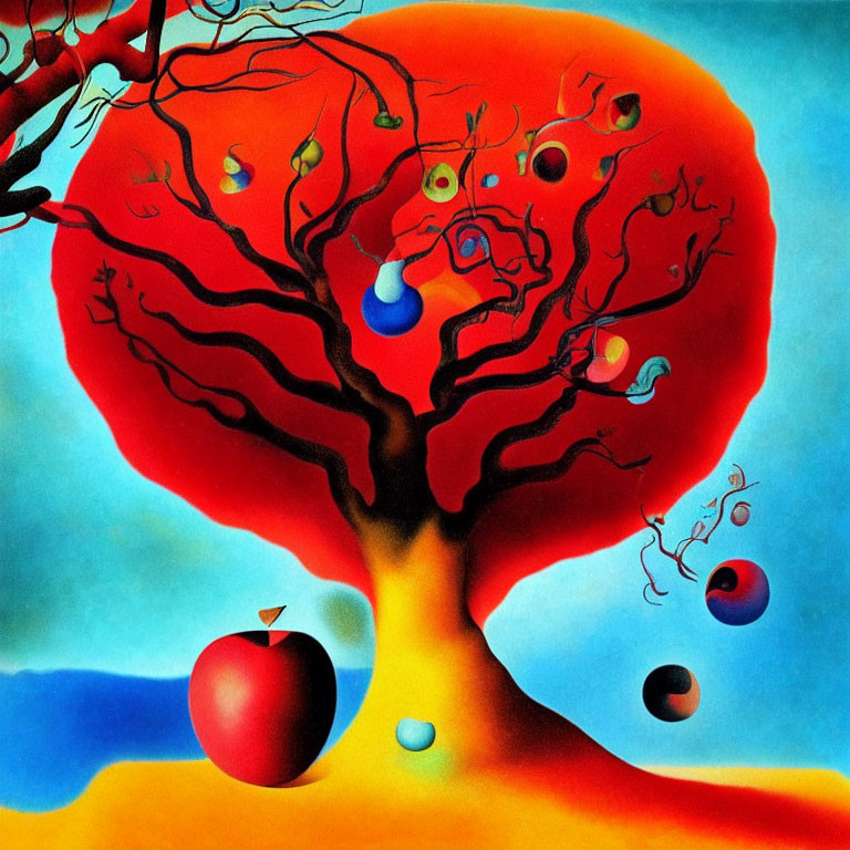 Surreal painting: Red tree, floating spheres, twisted branches