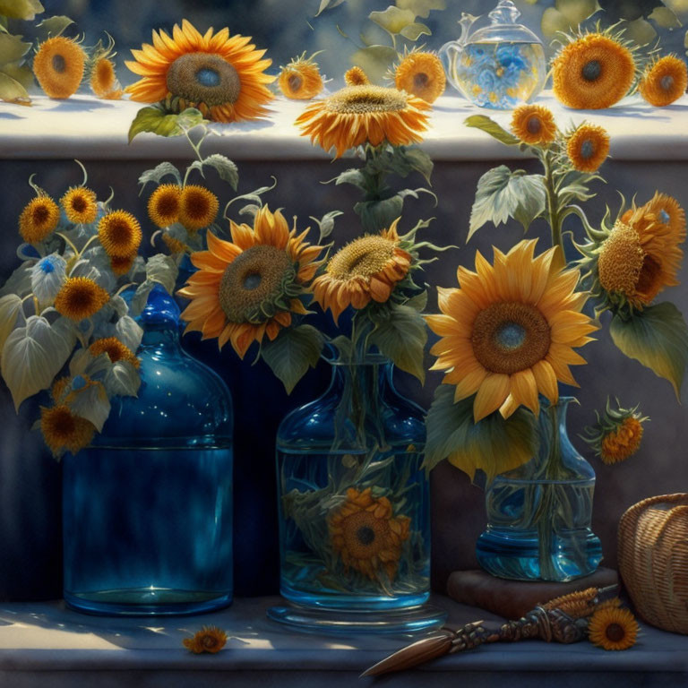 Vibrant sunflowers in blue glass jars on shadowed tabletop