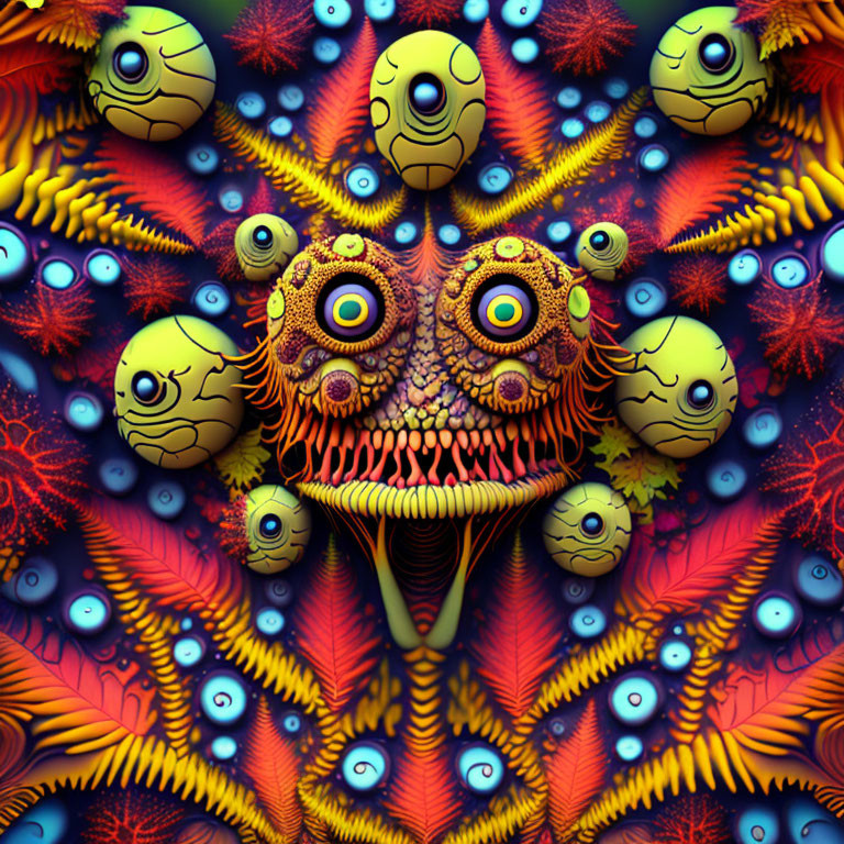 Colorful Psychedelic Digital Artwork: Abstract Face with Multiple Eyes and Vibrant Orbs