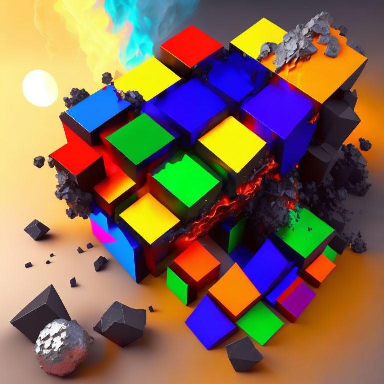 Colorful 3D rendered cubes with fire, lava, water, and vegetation on orange background