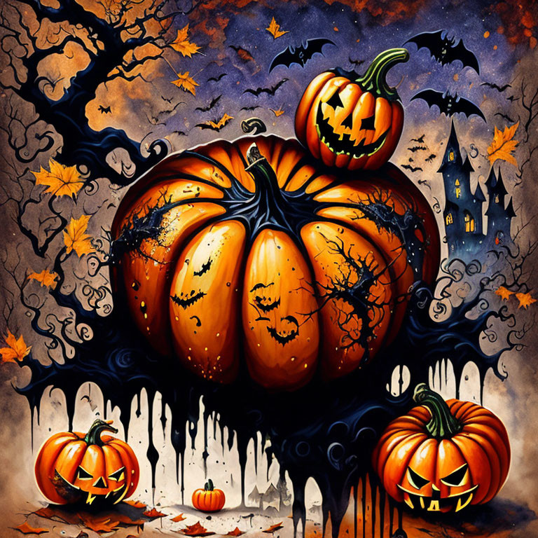 Colorful Halloween Illustration: Jack-o'-lanterns, Autumn Leaves, Spooky Castle