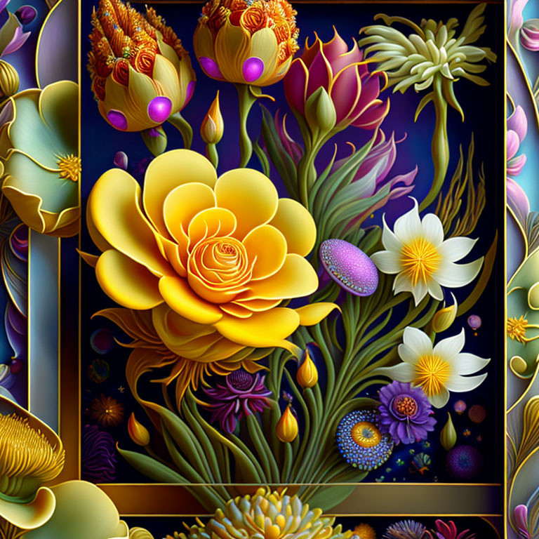 Assorted colorful flowers with intricate details on a dark background