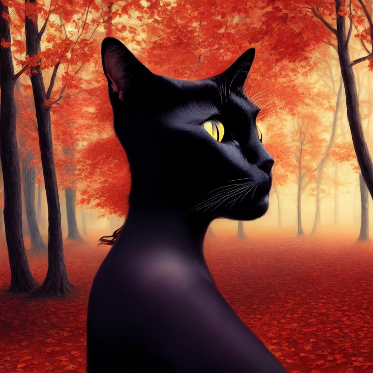 Digital Artwork: Black Cat with Yellow Eyes in Red Autumn Forest