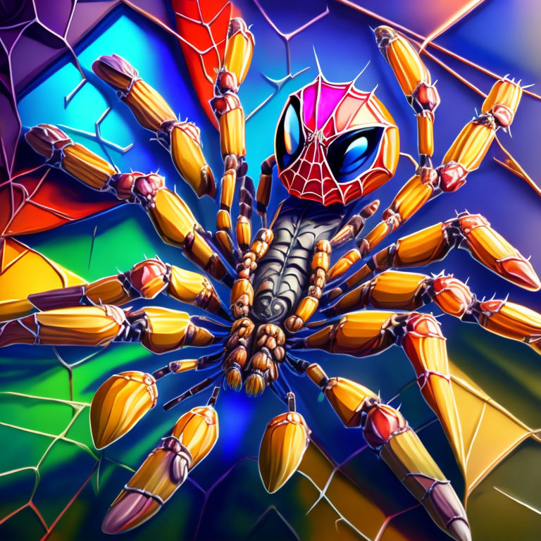 Spider-themed illustration with red and blue colors and geometric shapes