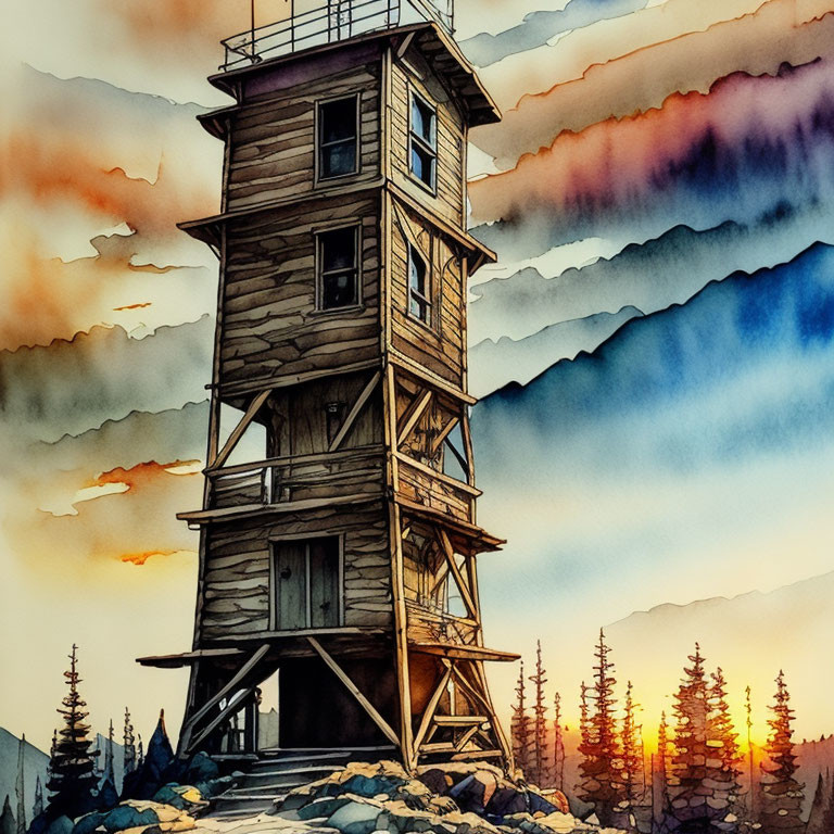 Wooden Fire Lookout Tower Watercolor Illustration at Sunset