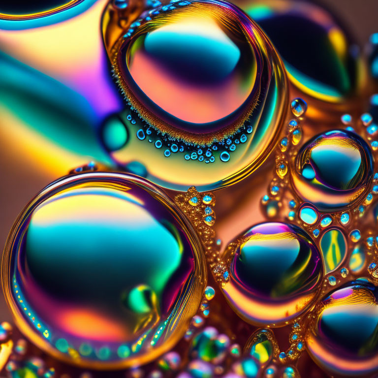 Abstract close-up: colorful oil and water bubbles with light reflections