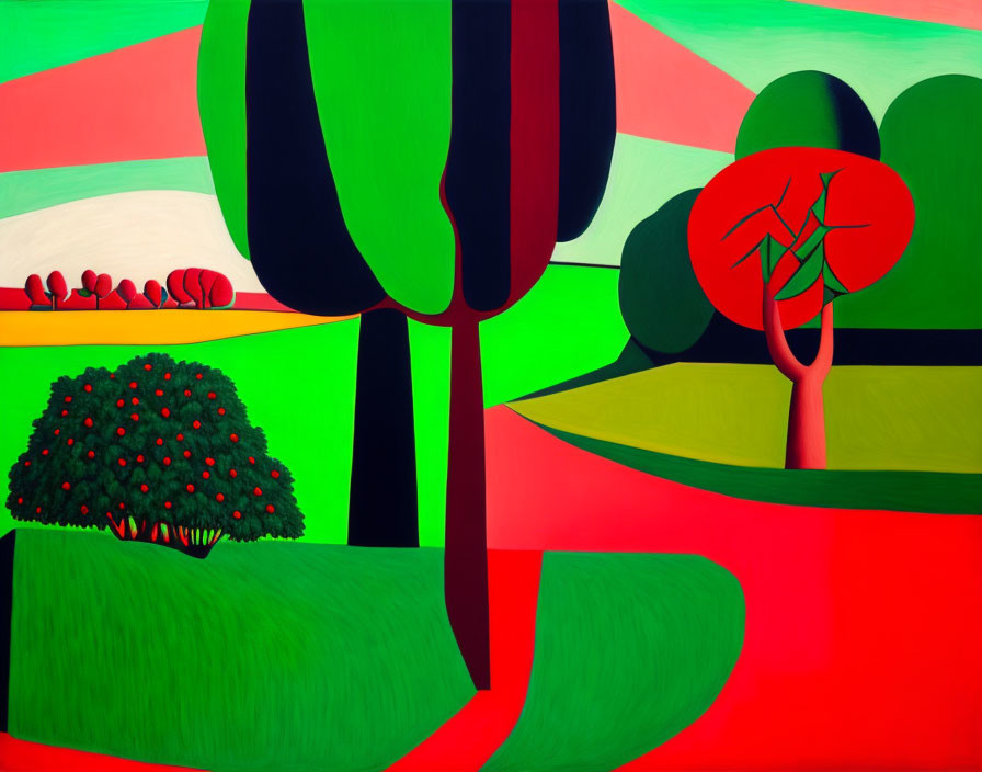 Colorful abstract painting with stylized trees and bold stripes in red, green, and black.