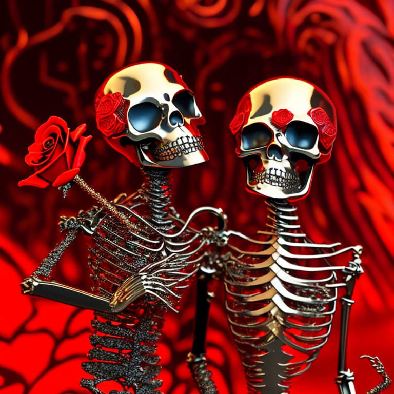 Golden skull-headed skeletons with red roses on red ornate background