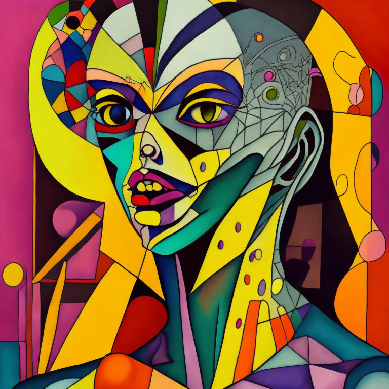 Abstract Cubist Portrait with Geometric Shapes and Vibrant Hues
