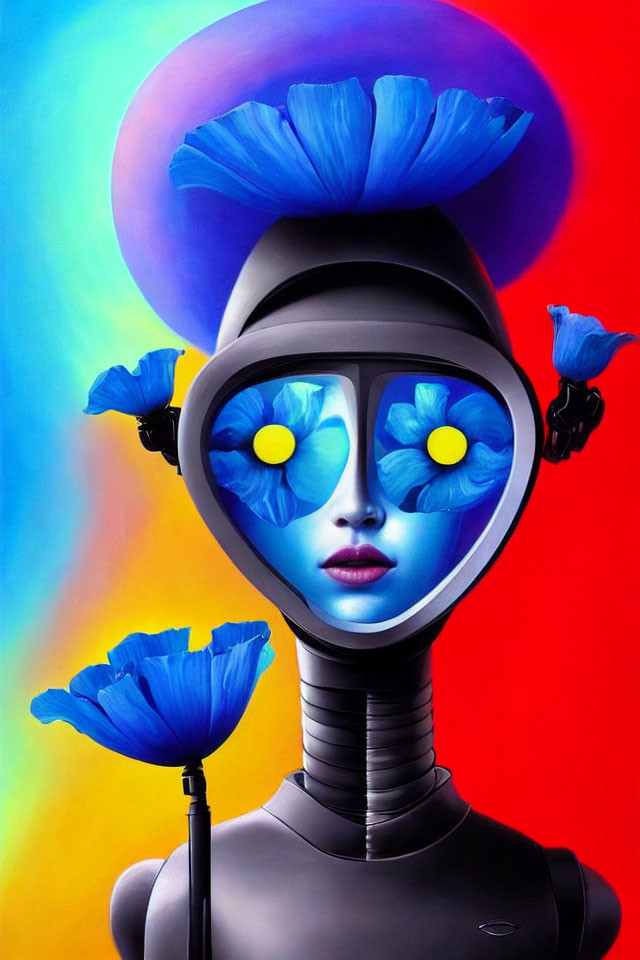 Futuristic robot portrait with floral helmet and petal eyes on vibrant background