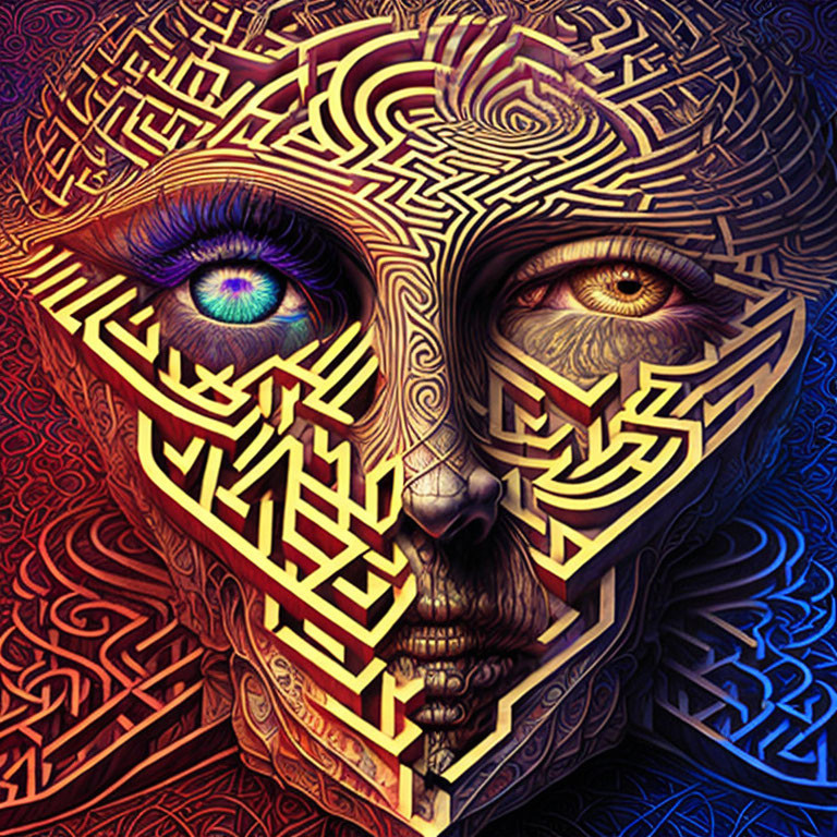 Intricate golden maze patterns on face with blue eyes in digital art