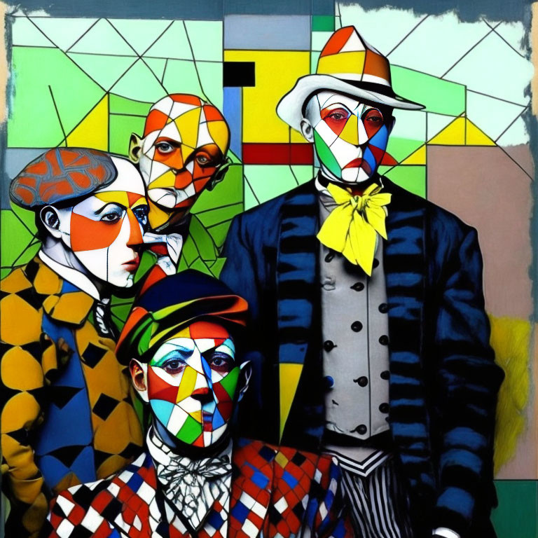 Colorful Cubist-Inspired Artwork with Four Figures in Patterned Attire