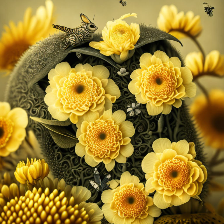 Composite Closeup of Yellow Flowers, Bee, and Insects on Golden Background