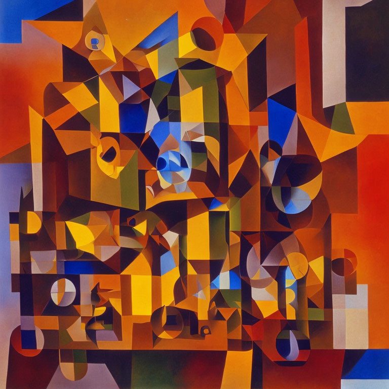 Colorful Abstract Painting with Layered Geometric Shapes in Blues, Oranges, Browns, and Y