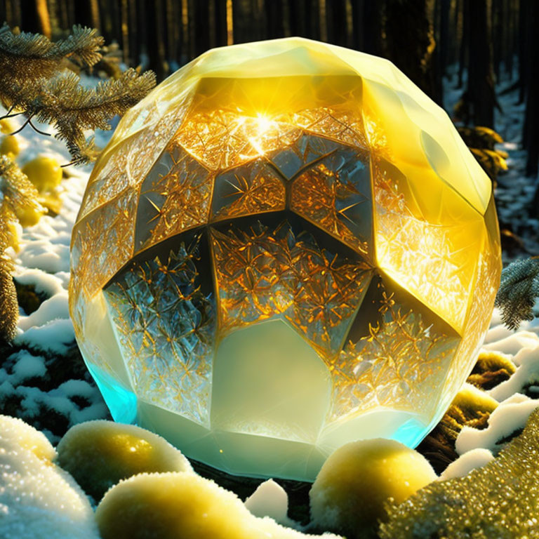 Intricate geometric orb in snowy forest landscape