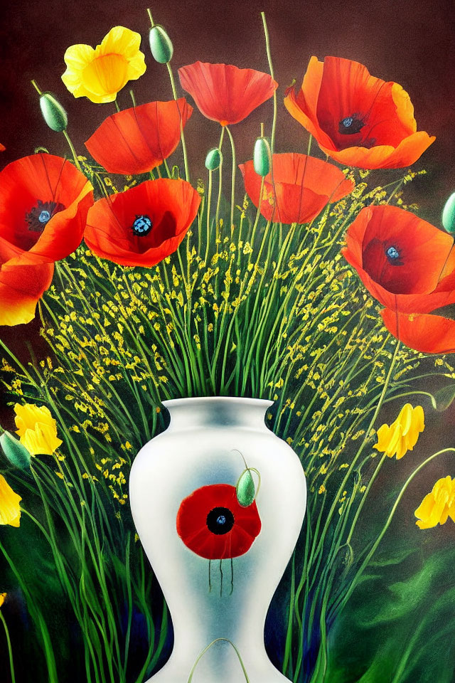 Colorful painting of red and yellow poppies in a white vase with a surreal touch.