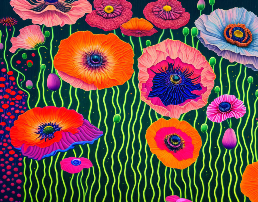 Colorful Stylized Poppy Flowers on Dark Background with Green Accents