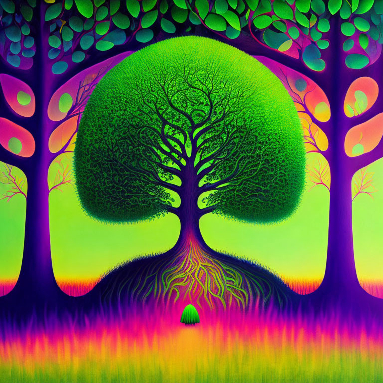 Colorful painting of stylized tree in vibrant hues