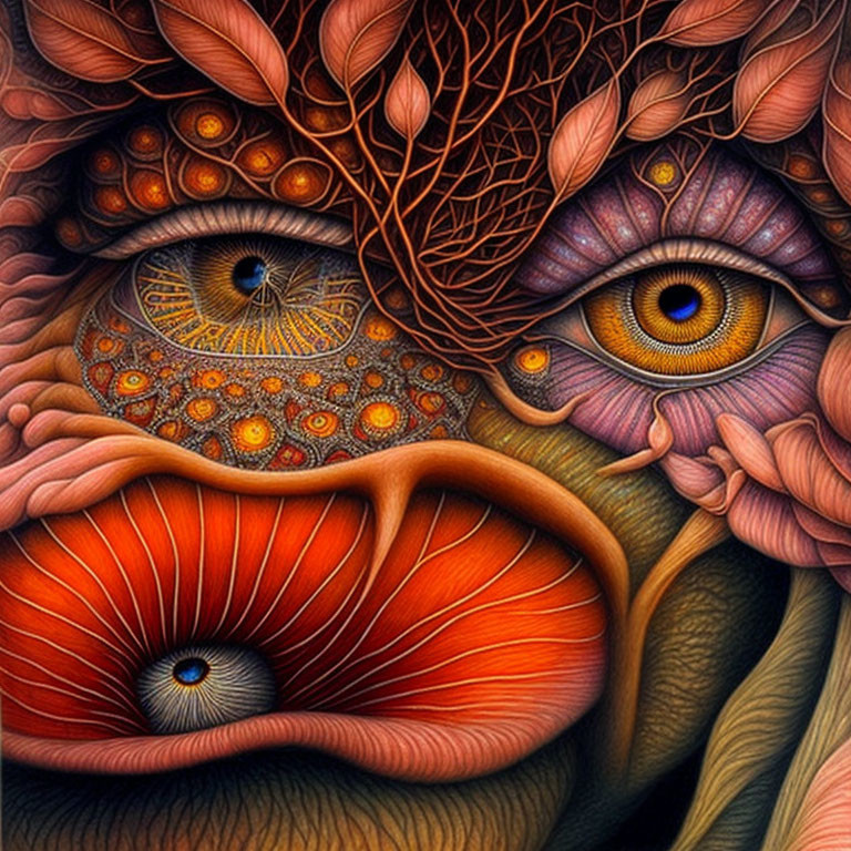 Vibrant surreal artwork: detailed intertwined eyes in organic patterns.