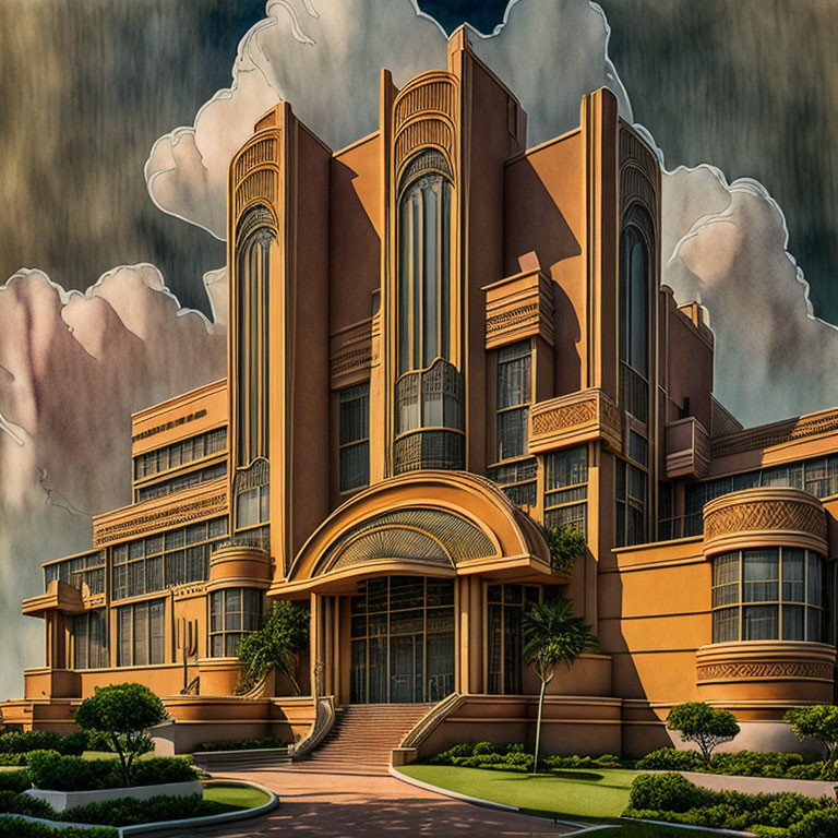 Geometric Art Deco Building with Gold Accents