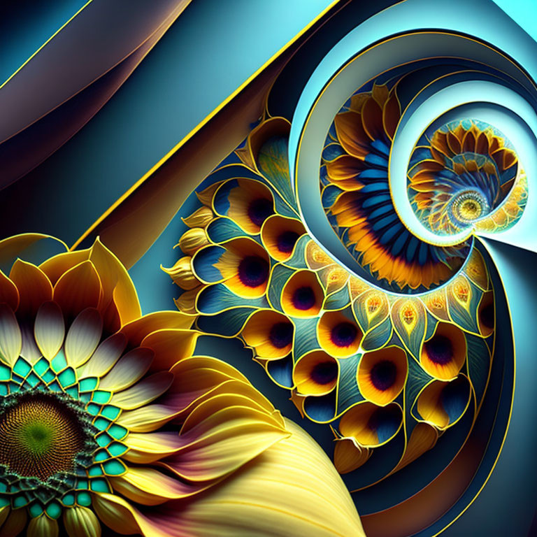 Sunflower fractal art with spiraling patterns in blue, gold, and teal