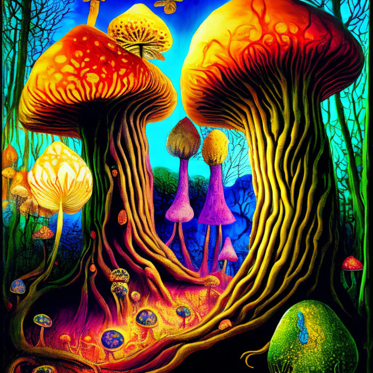 Colorful Oversized Mushrooms in Enchanted Forest Setting