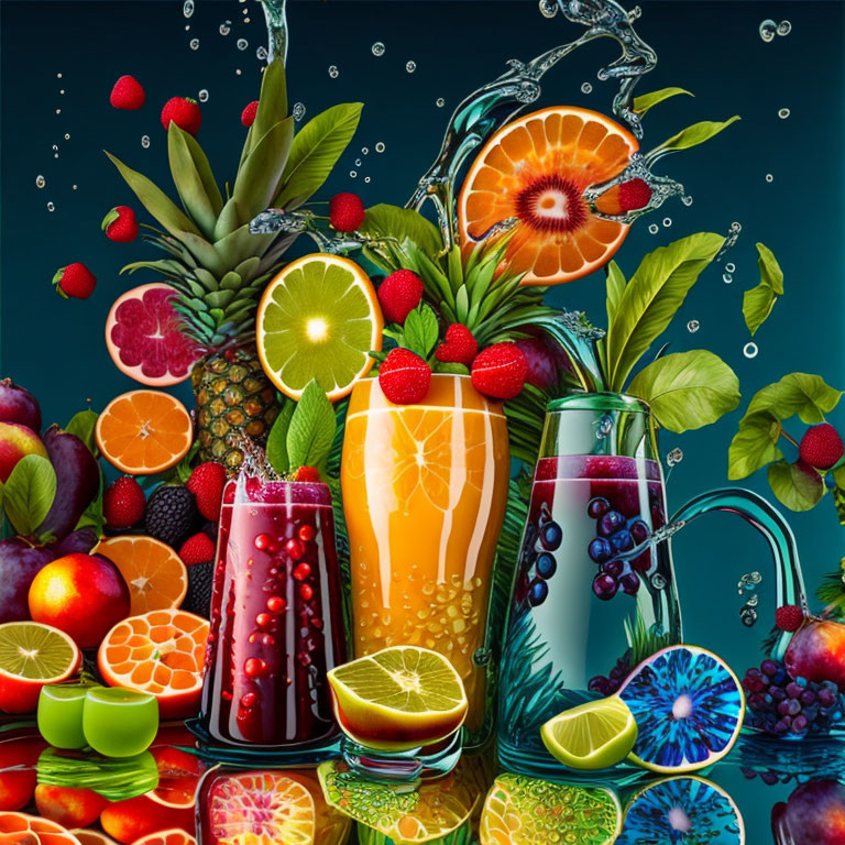 Colorful Fresh Fruit Still Life with Juice Glasses on Dark Blue Background