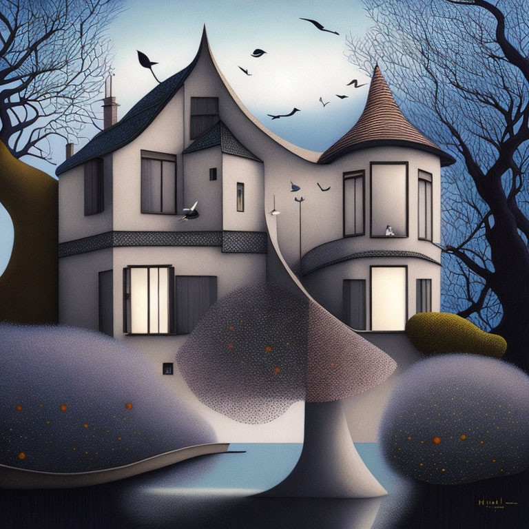 Whimsical house illustration with curved shapes and stylized nature scenery