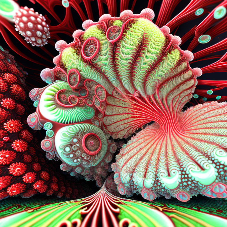 Colorful fractal art resembling coral in red, green, and cream.