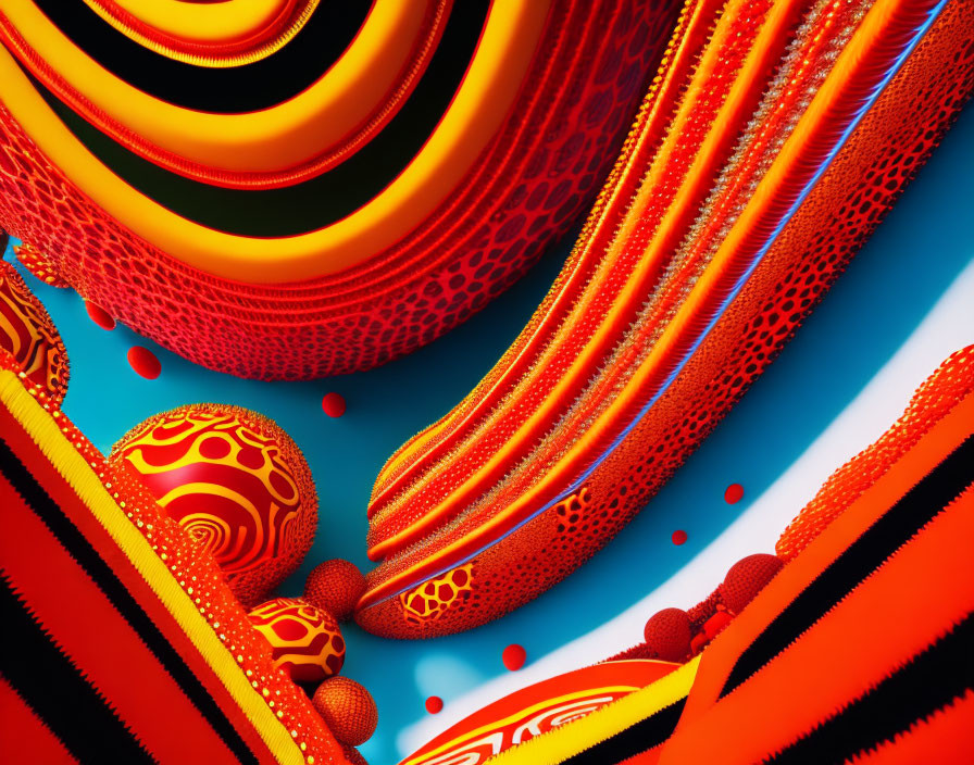 Vibrant Red, Yellow, and Blue Abstract Digital Art with Wavy Object and Orbs