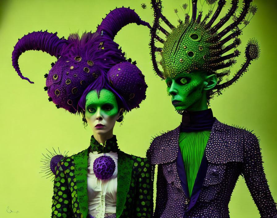 Stylized green figures with elaborate headpieces on lime green background