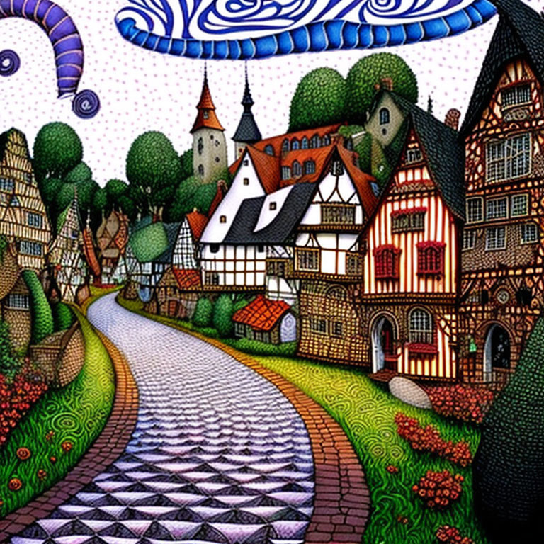 Vibrant illustration of idyllic village with half-timbered houses and castle