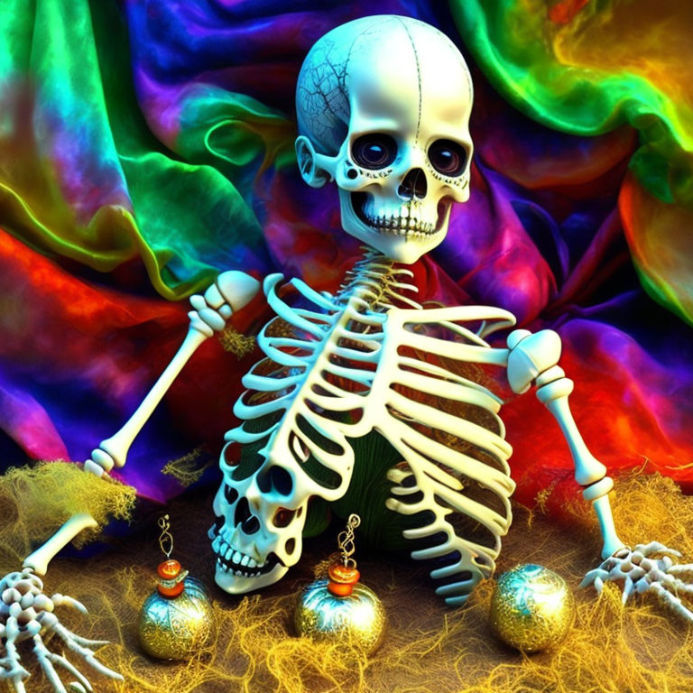 Vibrant digital art: cartoonish skeleton in colorful setting