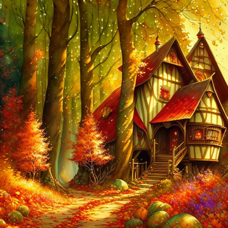 Enchanting forest scene with cozy cottage in autumn landscape