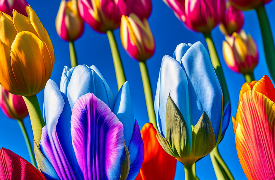 Colorful Tulips Blooming Under Clear Blue Sky