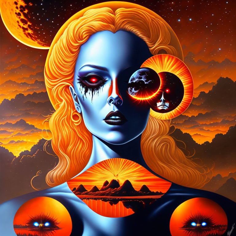 Surreal portrait of woman with blue skin and planetary eyes