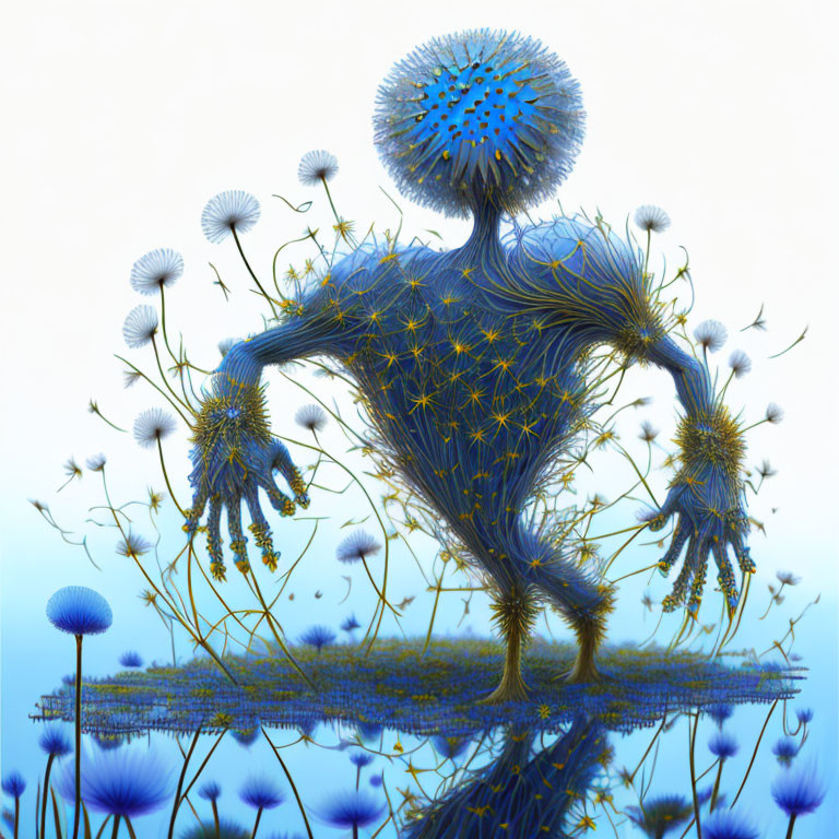 Surreal humanoid figure made of blue dandelion flowers on soft blue background