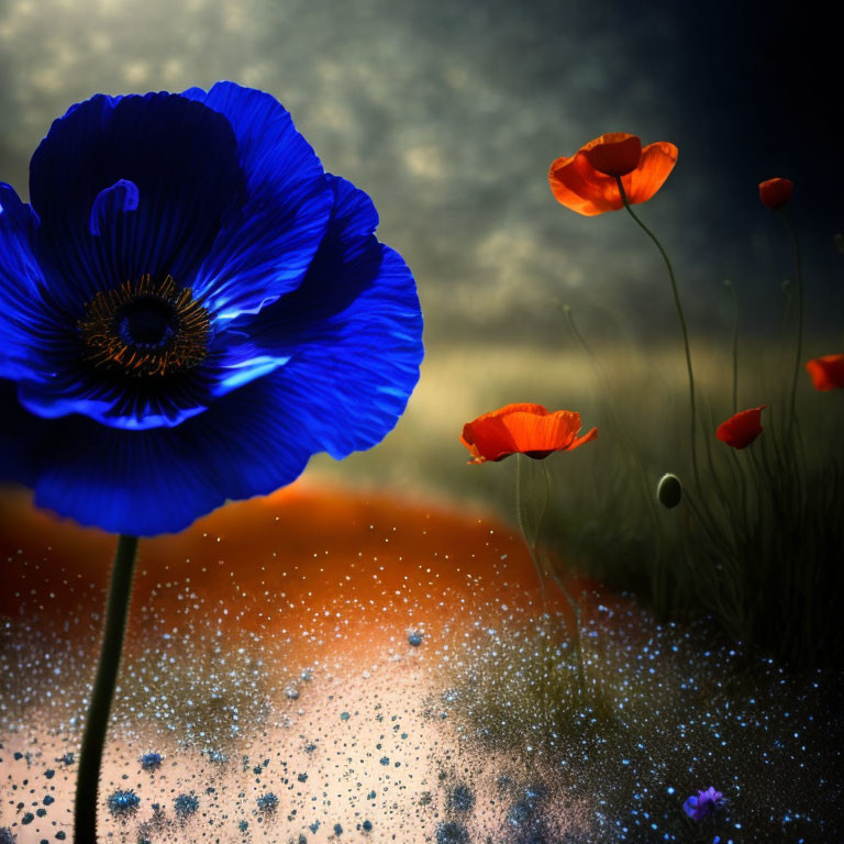 Vibrant blue poppy among red poppies on dark bokeh background