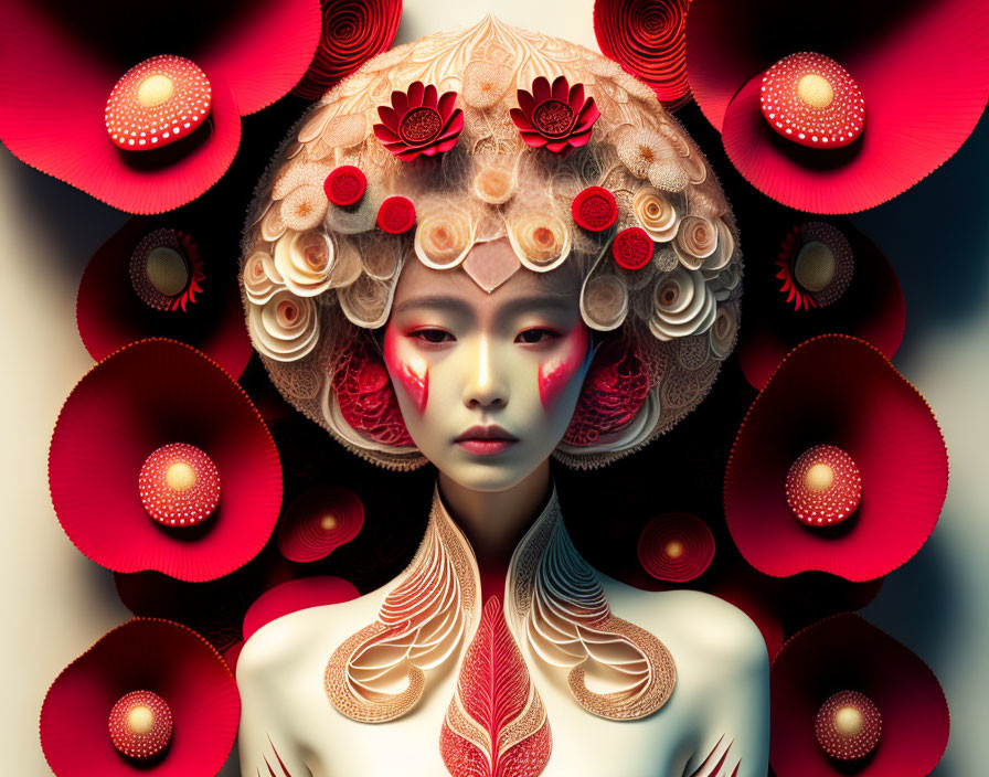 Surreal portrait of person with red flower headdress and intricate makeup