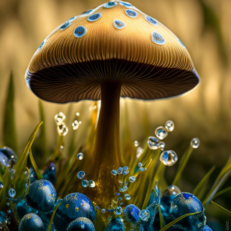 Brown mushroom with blue dotted cap in grass with sparkling droplets