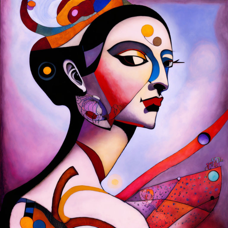 Colorful Cubist Painting: Geometric Woman & Headdress on Purple Background