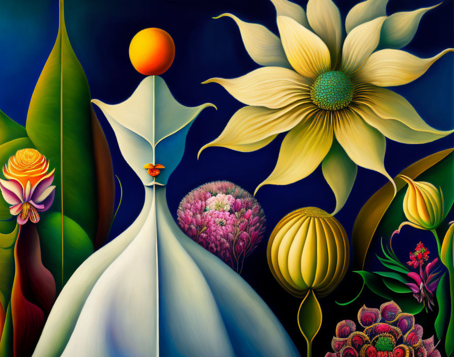 Surreal painting of stylized female figure in flower dress amidst vibrant flora