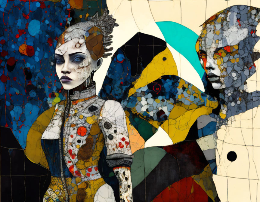 Colorful digital artwork of stylized female figures with abstract patterns