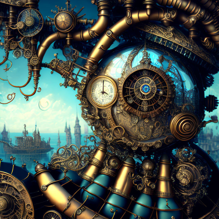 Steampunk machine with gears, pipes, and clock elements in fantastical cityscape