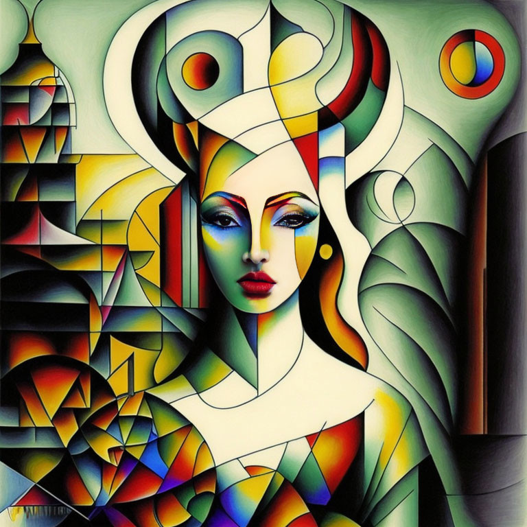 Vibrant Cubist-Style Portrait with Geometric Patterns