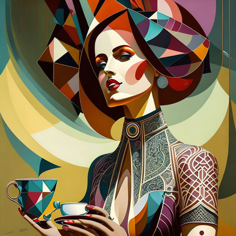 Geometric-patterned woman with bold makeup and cup on colorful background