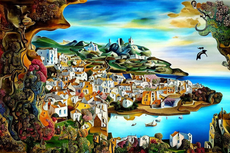 Colorful Surrealist Coastal Village Painting with Distorted Perspectives