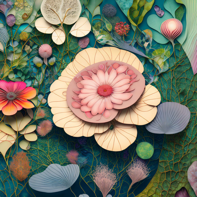 Colorful 3D floral digital art with layered textures