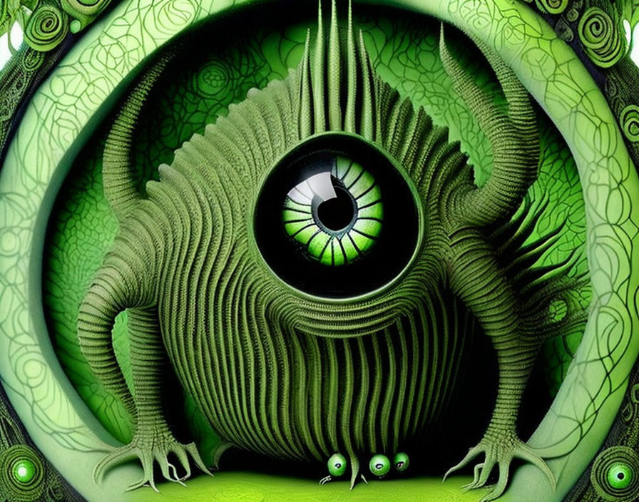 Surreal green creature with central eye and intricate patterns