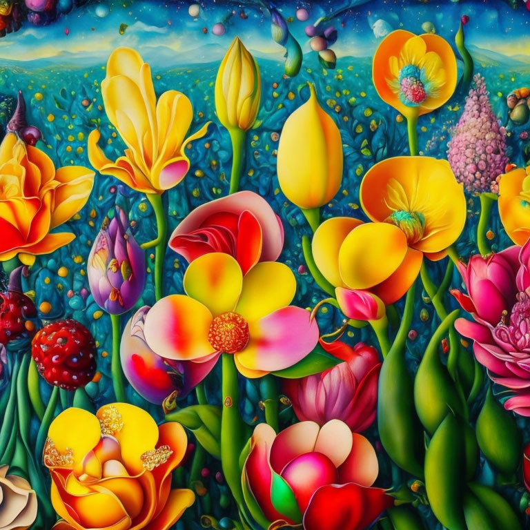 Colorful Flower Painting on Blue Background with Floating Orbs